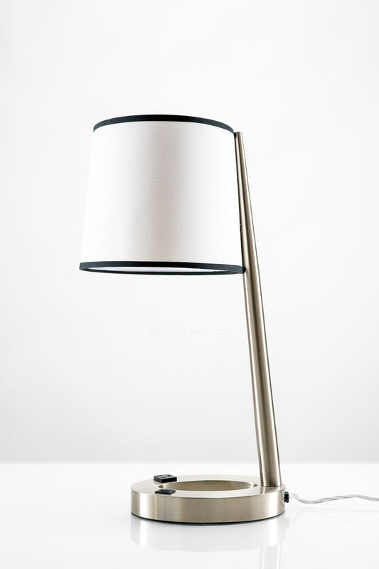 Modern Sleek Table Lamp – Brushed Satin Nickel with USB & Outlet Ports