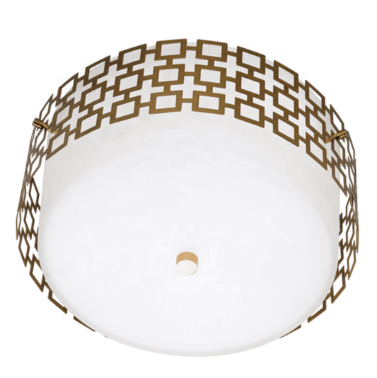 New Generation Frosted White Cased Glass Metal Shade Ceiling Flush Mount – Antique Brass, 15.25"