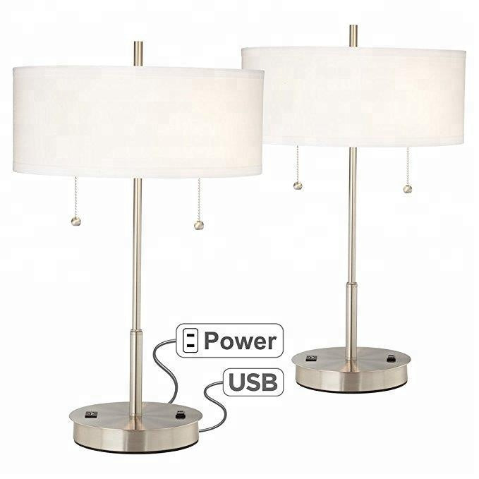 Brushed Nickel Hotel Bedside Table Lamp with Fabric Shade & USB Outlet – HLHT7029