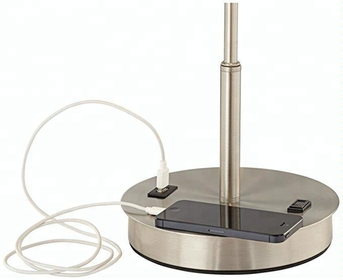 Brushed Nickel Hotel Bedside Table Lamp with Fabric Shade & USB Outlet – HLHT7029