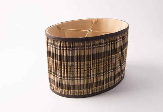 Oval Shirred Pleat Lamp Shade – Brown Plaid with Narrow Bias Trim, Soft-Sided