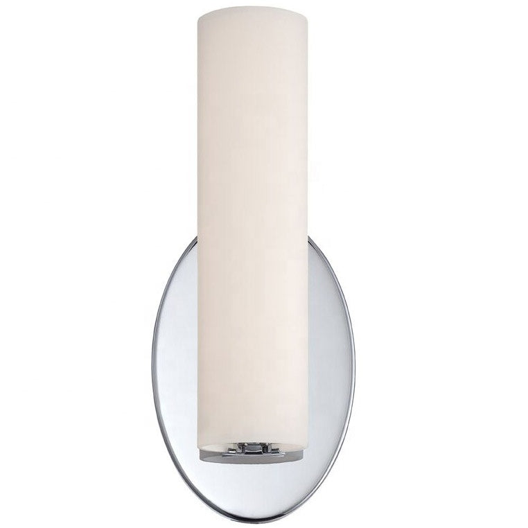 Hotel Corridor Wall Light – Streamlined Opal Glass Cylindrical LED, Nickel Finish