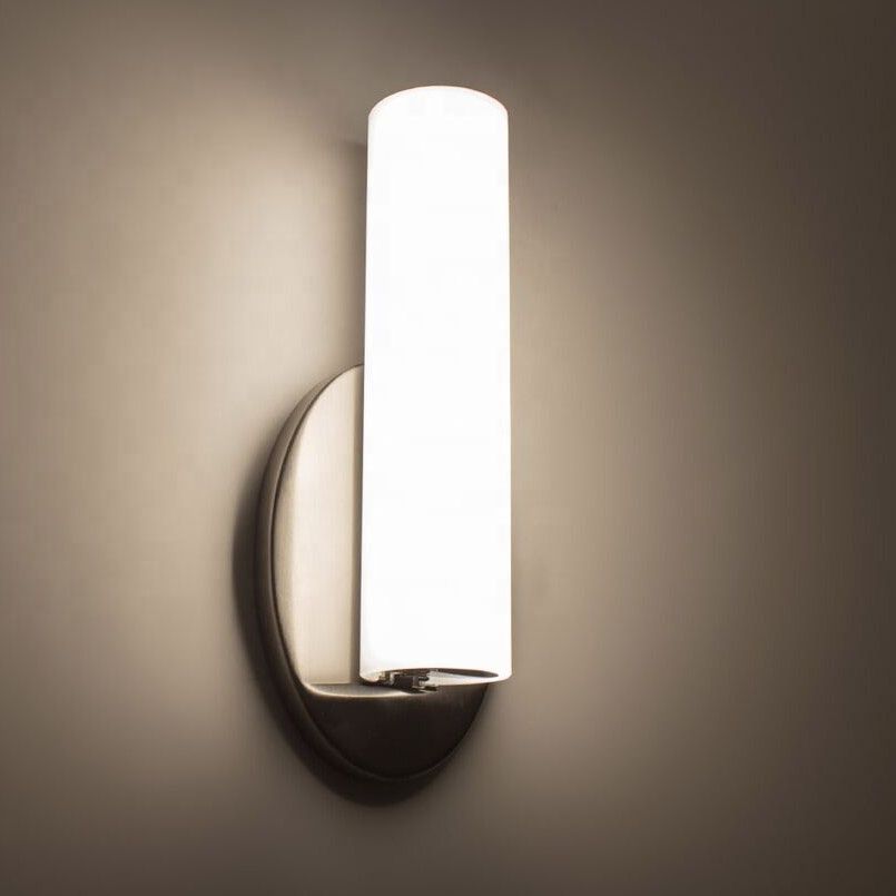 Hotel Corridor Wall Light – Streamlined Opal Glass Cylindrical LED, Nickel Finish