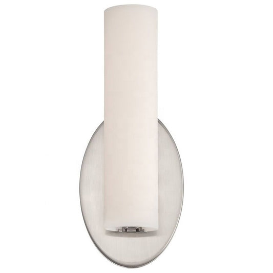 Hotel Corridor Wall Light – Streamlined Opal Glass Cylindrical LED, Nickel Finish