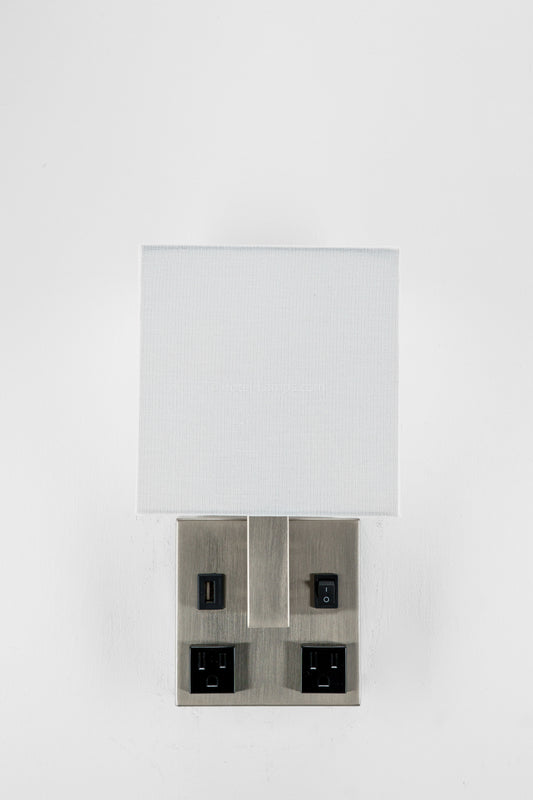 Single Wall Lamp – Satin Nickel Finish with USB & Outlets, Wall-Mounted Bedside Light