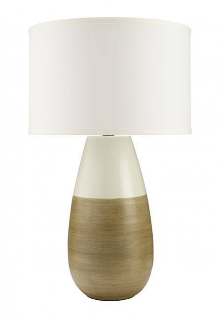 Modern Table Lamp – HLW10061, Matte Alabaster & Taupe with Cream Linen Shade