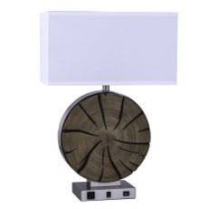 Bauhaus White Linen Table Lamp with Brushed Nickel & Brown Wood – 9.5" x 18" x 26.5"