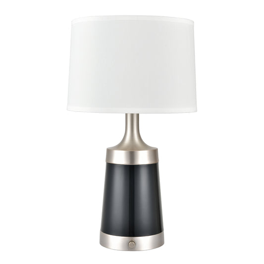 Powder Coated Champagne Brass Table Lamp with Glossy Black Base and White Fabric Shade – 60W E26 Dimmer