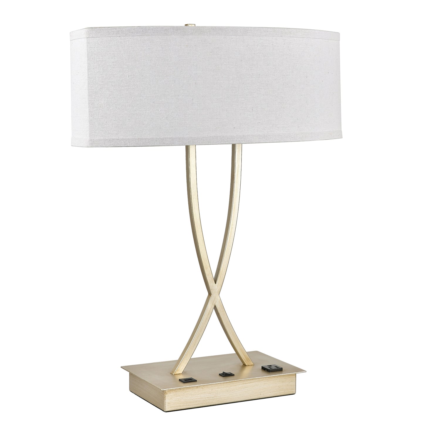 Powder Coated Silver Table Lamp with USB & Outlet – Dual E26 Sockets, White Fabric Shade, 60W