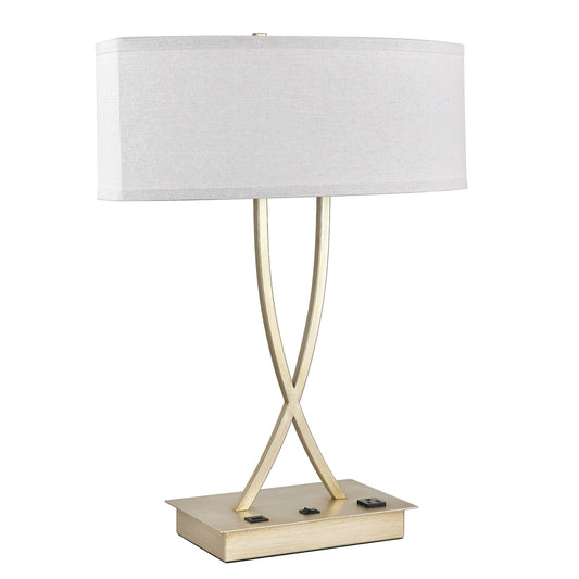 Powder Coated Silver Table Lamp with USB & Outlet – Dual E26 Sockets, White Fabric Shade, 60W