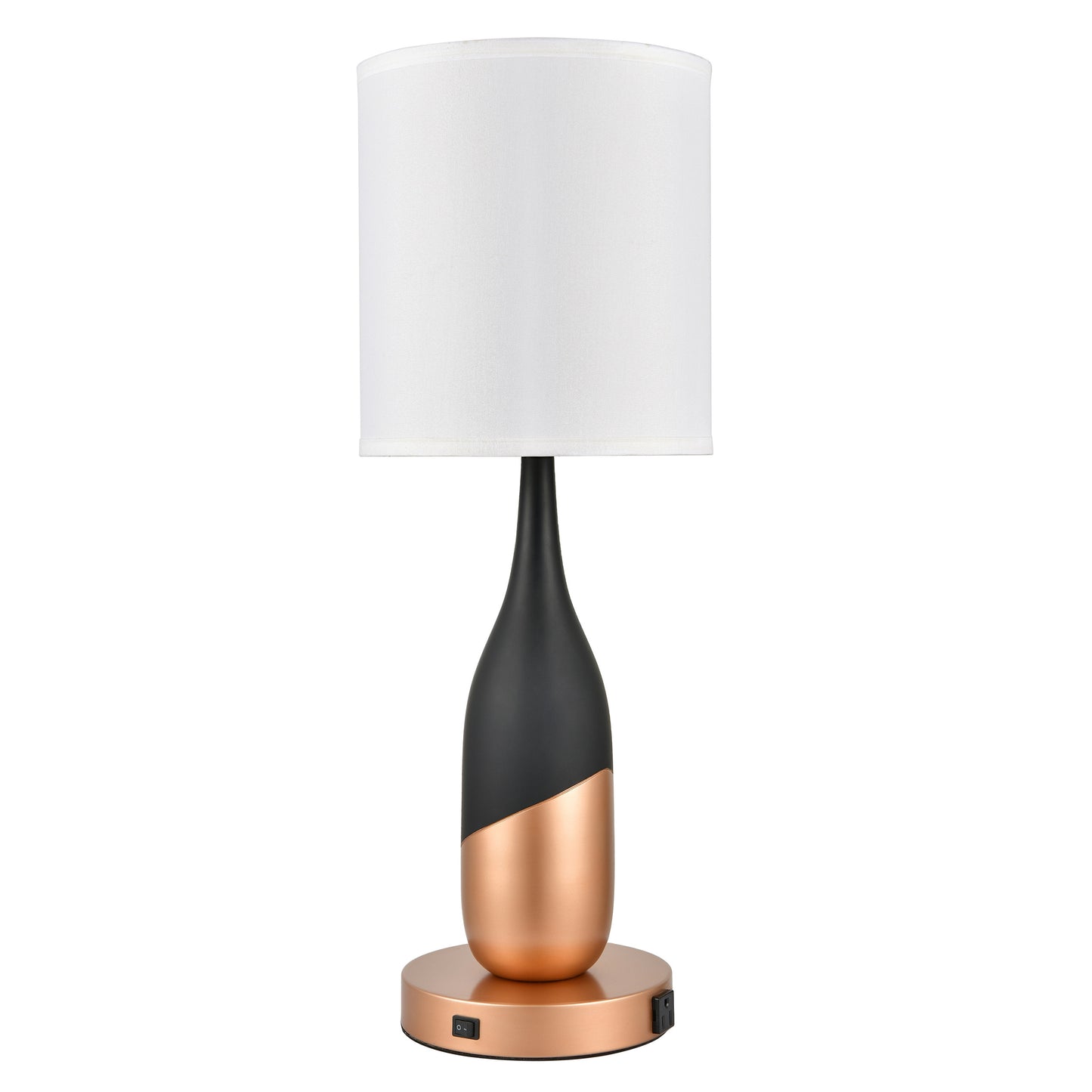 Powder Coated Matte Black & Rose Gold Table Lamp with Outlet – 100W, White Fabric Shade