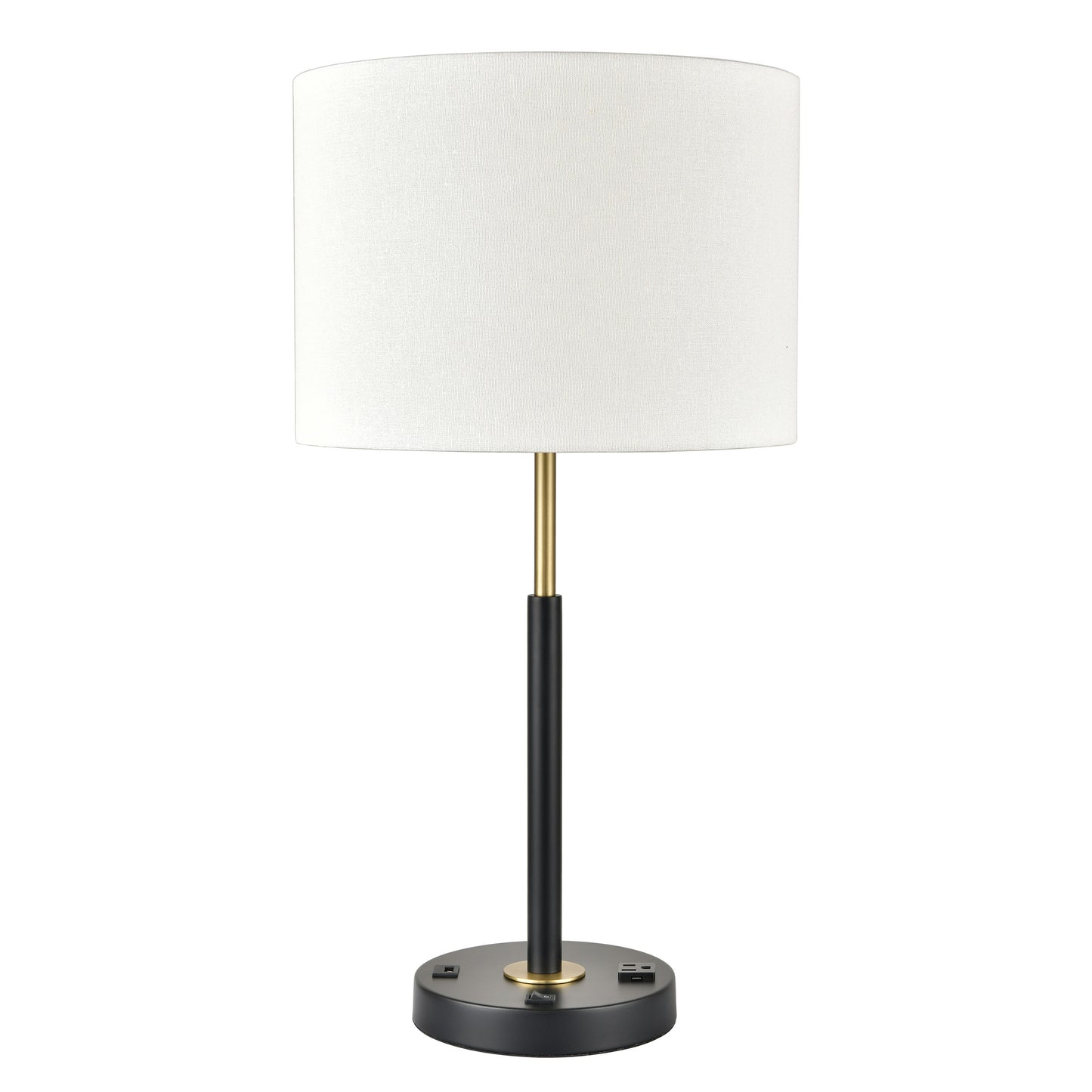 Plated Brushed Brass Table Lamp with Matte Black Base and White Fabric Shade – 60W E26 with USB & Outlet