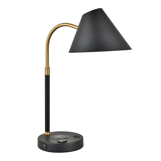 Satin Brass & Matte Black Table Lamp with USB, Outlet & Qi Wireless Charger – Metal Shade, 60W