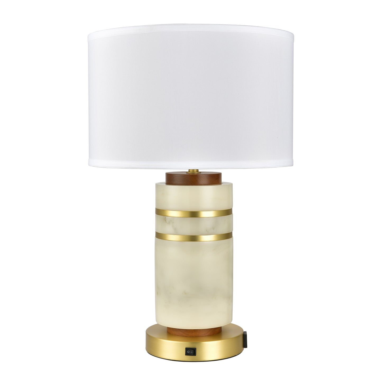 Satin Brass & Wood Table Lamp – 100W E26, White Fabric Shade, Built-in Outlet