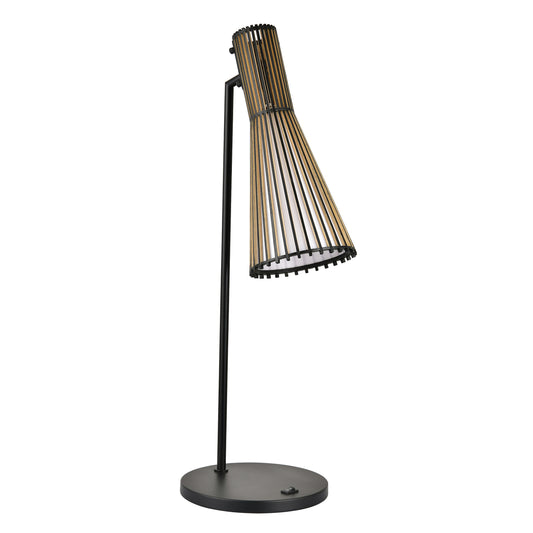 Powder Coated Matte Black Table Lamp – 25W E26, White Fabric & Wood Shade