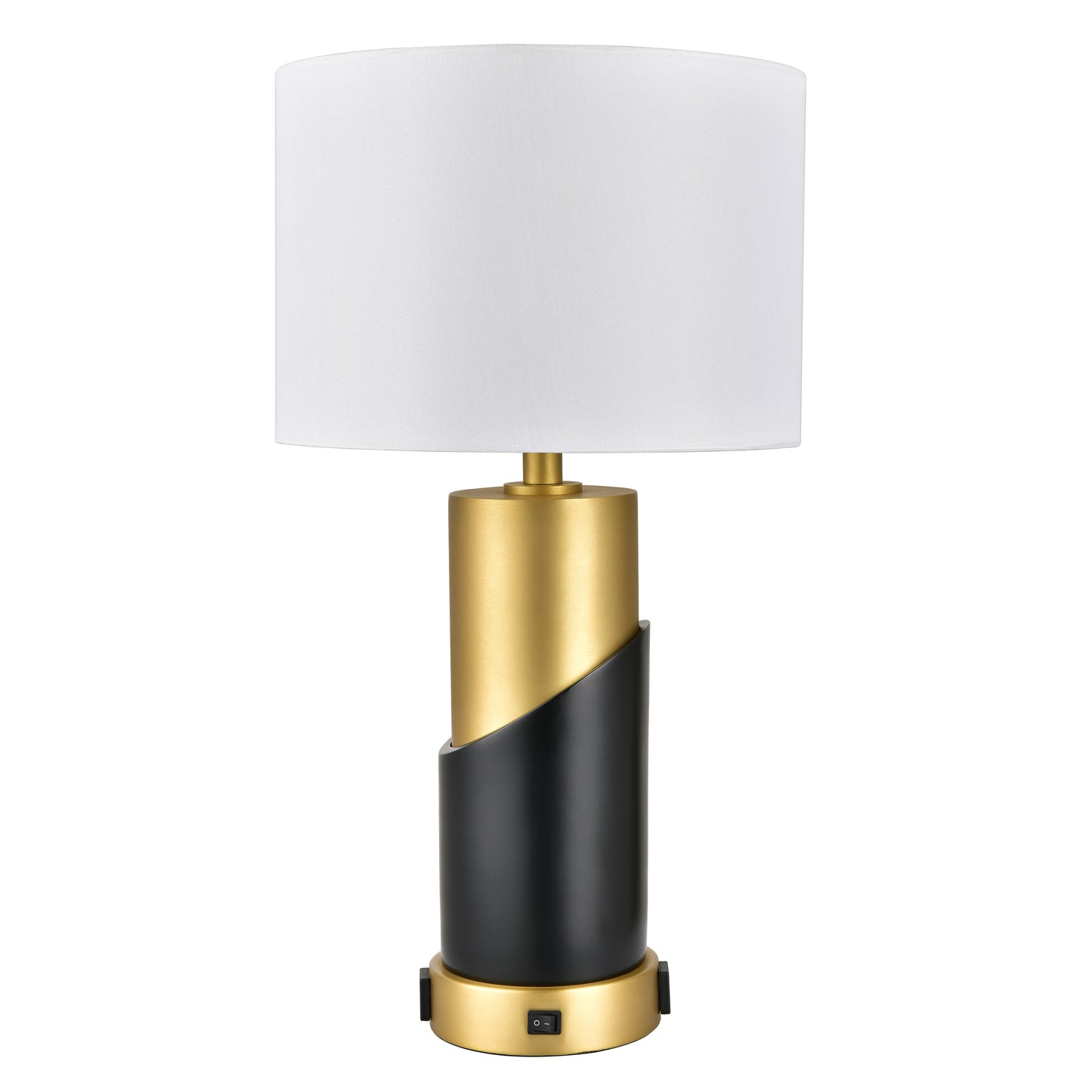 Satin Brass & Matte Black Table Lamp – 100W E26, White Fabric Shade, Dual Outlets