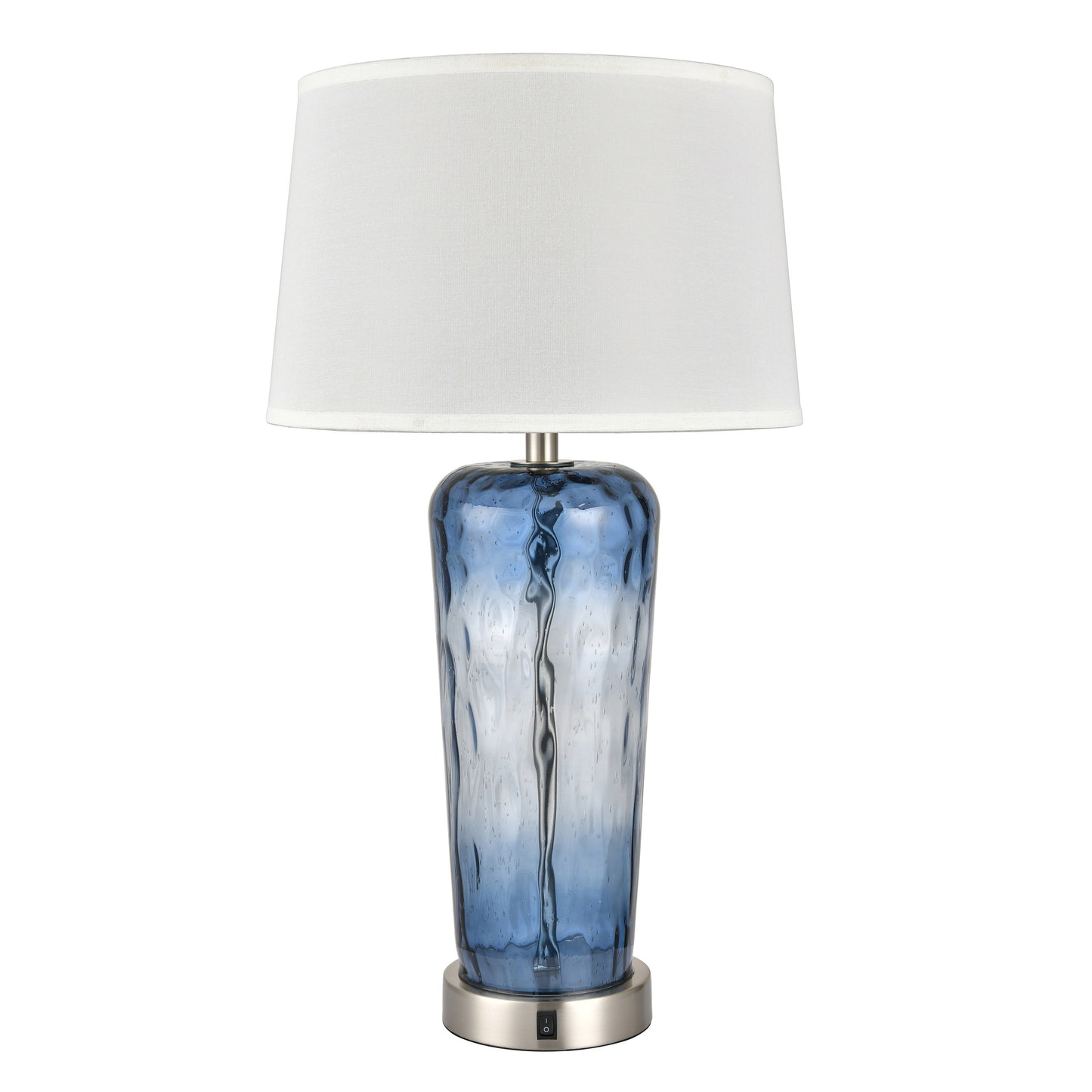 Brushed Nickel & Blue Table Lamp – 100W E26, White Fabric Shade, On/Off Rocker Switch