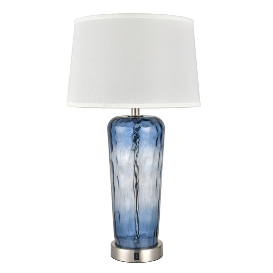 Brushed Nickel & Blue Table Lamp – 100W E26, White Fabric Shade, On/Off Rocker Switch