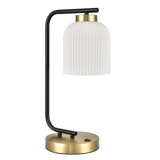 Plated Brushed Brass Table Lamp with Powder Coated Matte Black Base and White Frosted Stripe Glass Shade – 60W E26