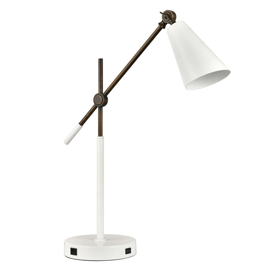 Aged Brass & Matte White Table Lamp – 25W E26, Metal Shade, USB & Outlet