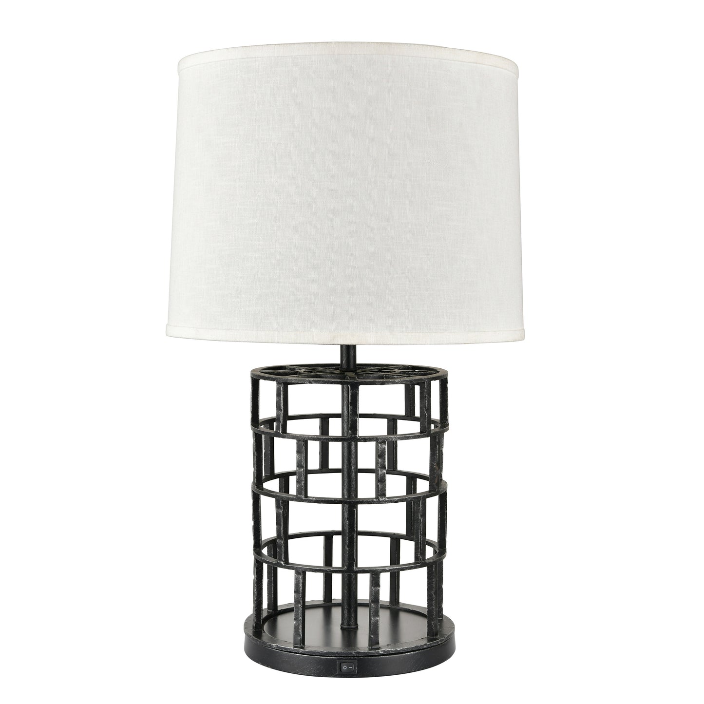 Powder Coated Blackened Steel Table Lamp – 100W E26, White Fabric Shade, Single Rocker Switch