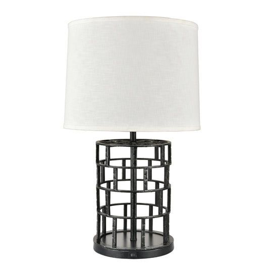 Powder Coated Blackened Steel Table Lamp – 100W E26, White Fabric Shade, Single Rocker Switch
