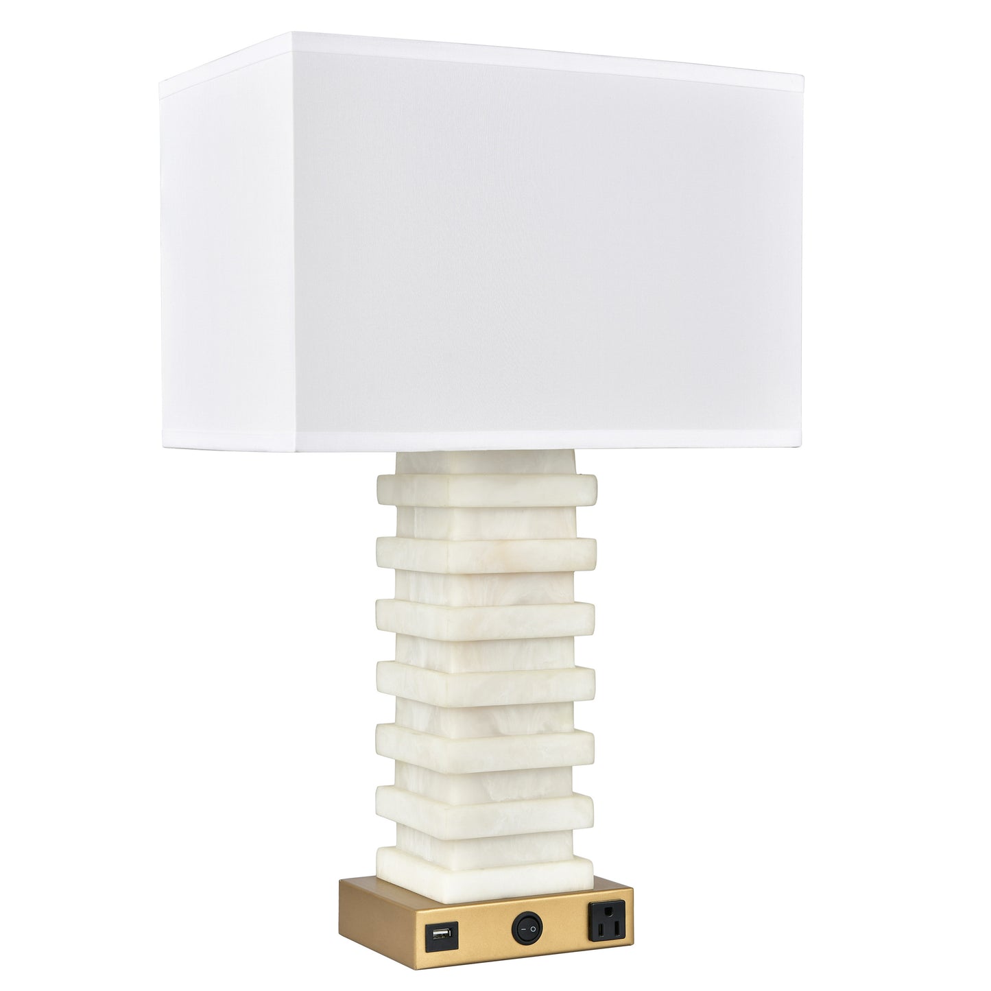 Satin Brass Table Lamp – 100W E26 Socket, USB & Outlet, White Fabric Shade