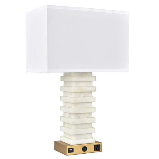 Satin Brass Table Lamp – 100W E26 Socket, USB & Outlet, White Fabric Shade