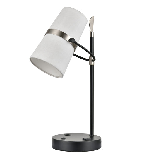 Powder Coated Matte Black & Brushed Nickel Table Lamp – 40W E26, White Fabric Shade, USB & Outlet