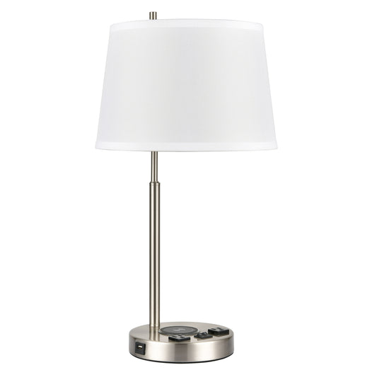 Brushed Nickel Table Lamp with USB, Dual Outlets & Qi Wireless Charger – 60W x2, White Fabric Shade