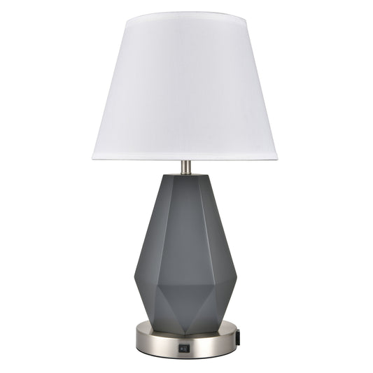 Brushed Nickel & Grey Table Lamp – 100W E26, White Fabric Shade, USB & Outlet