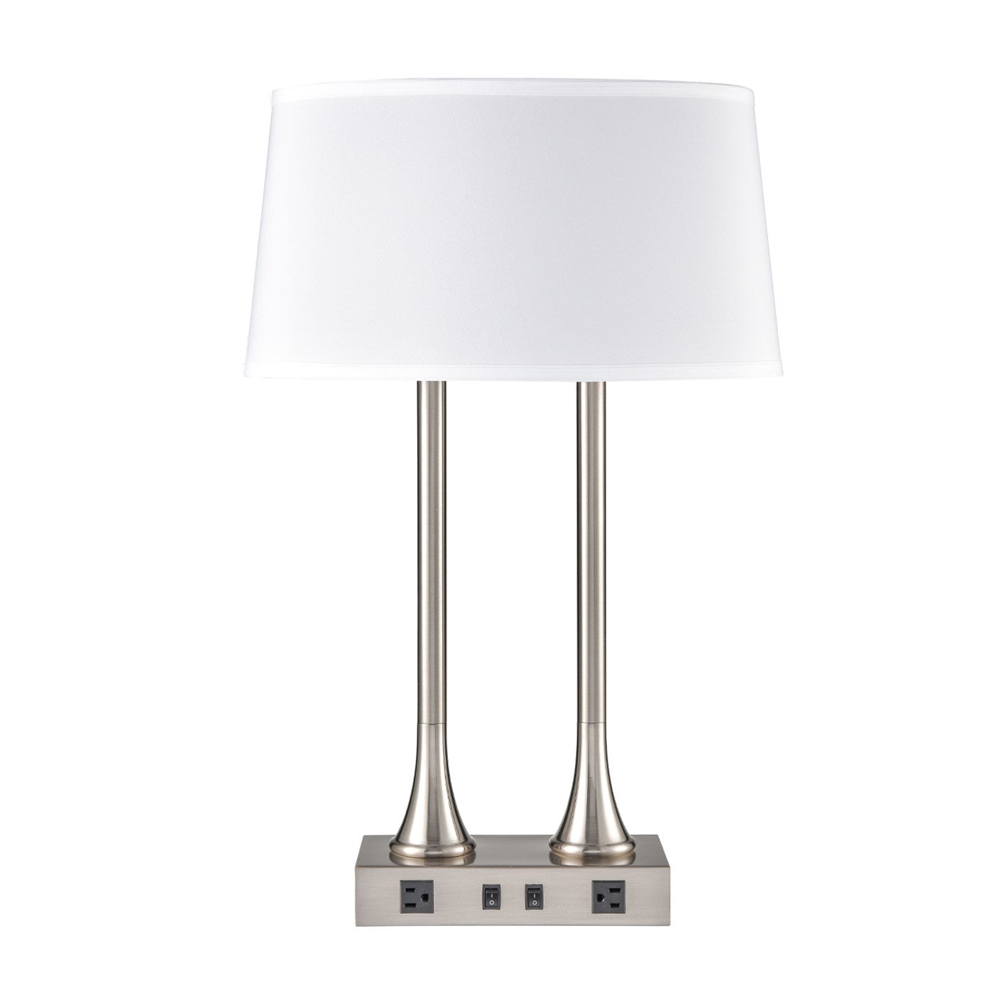 Brushed Nickel Table Lamp – White Fabric Shade, Dual Outlet, 100W