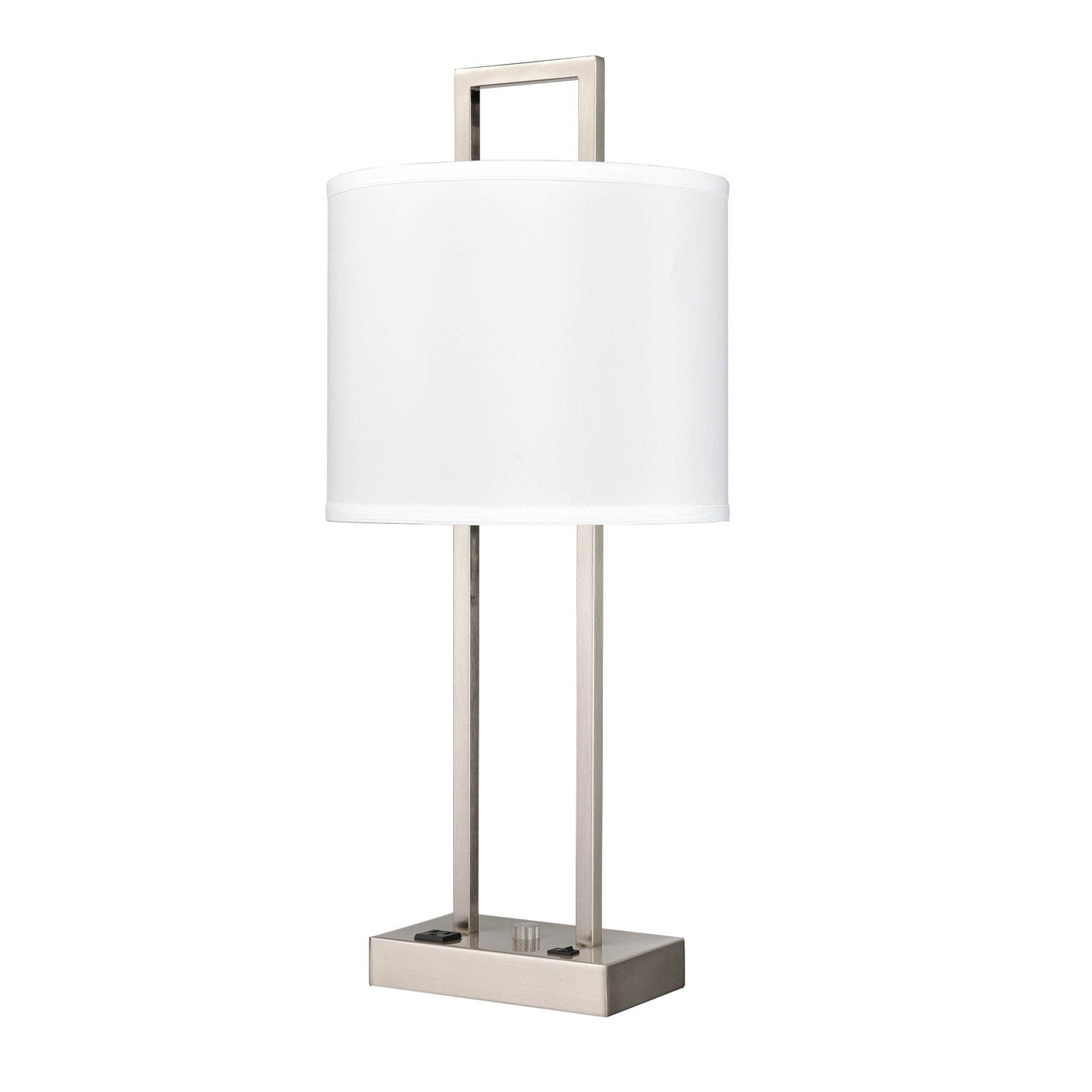 Brushed Nickel Table Lamp – White Fabric Shade with Single Outlet, 100W Max