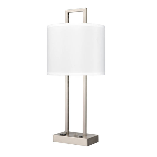 Brushed Nickel Table Lamp – White Fabric Shade with Single Outlet, 100W Max