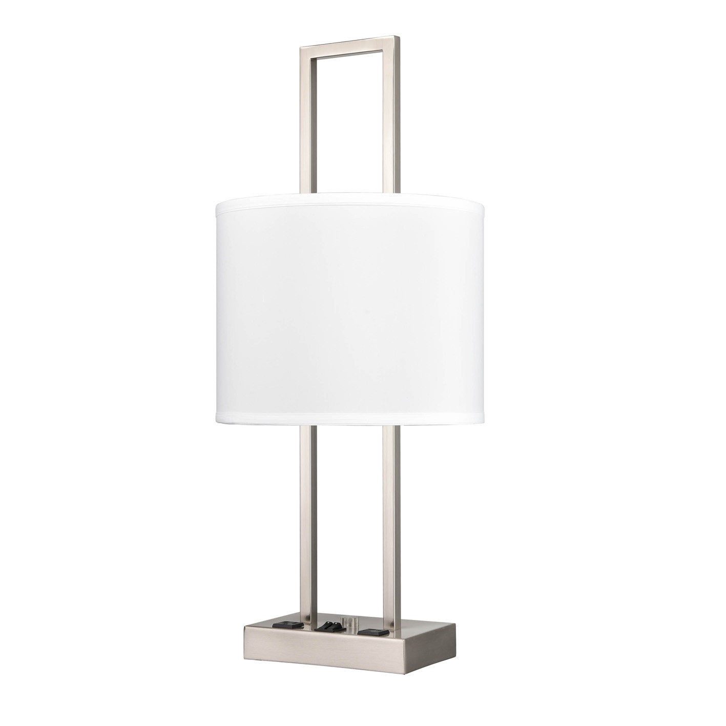 Brushed Nickel Table Lamp – White Fabric Shade with 2 Outlets, 60W Max