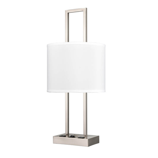 Brushed Nickel Table Lamp – White Fabric Shade with 2 Outlets, 60W Max