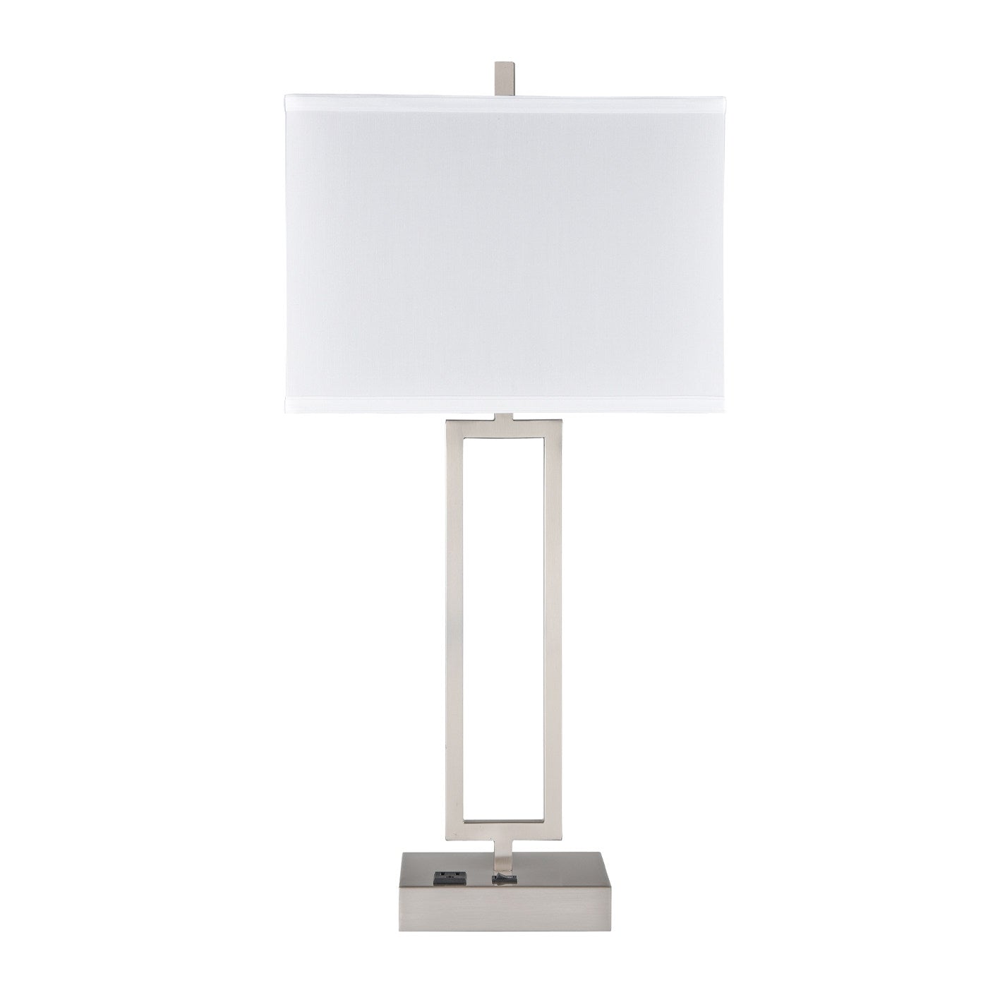 Brushed Nickel Table Lamp – White Fabric Shade with 1 Outlet, 100W Max