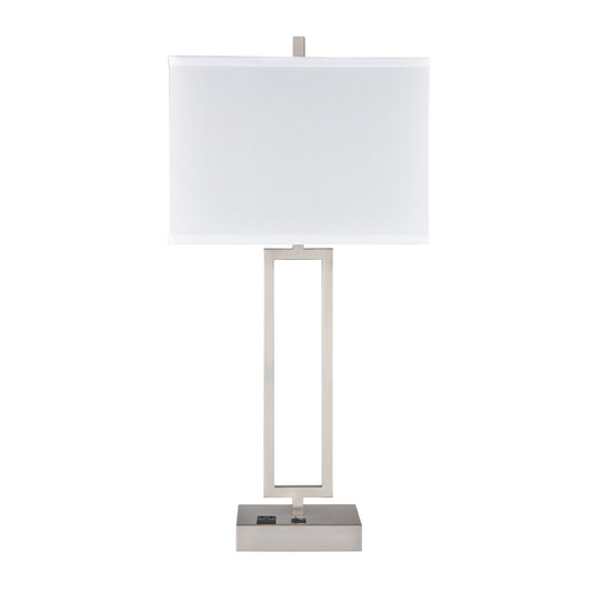 Brushed Nickel Table Lamp – White Fabric Shade with 1 Outlet, 100W Max