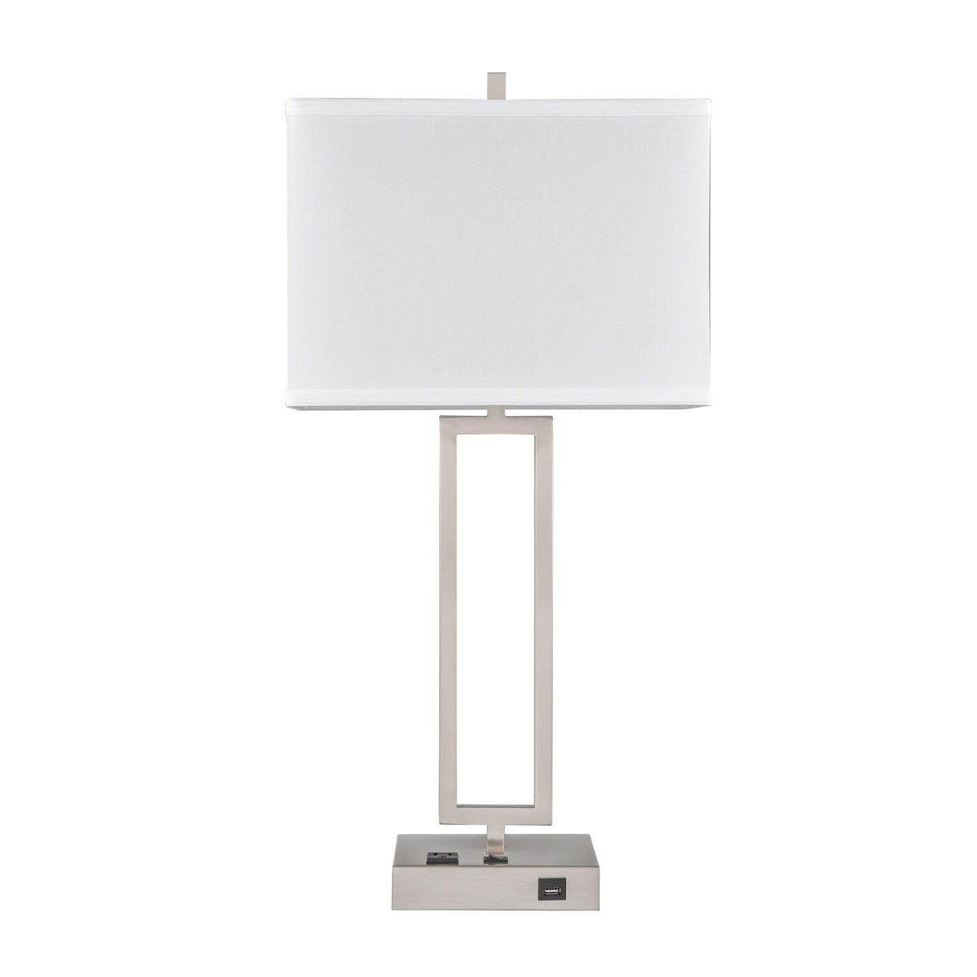 Brushed Nickel Table Lamp – White Fabric Shade with 1 USB & 1 Outlet, 100W Max