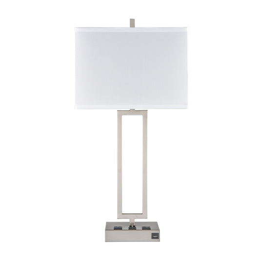 Brushed Nickel Table Lamp – White Fabric Shade with 2 Outlets & 1 USB, 100W Max