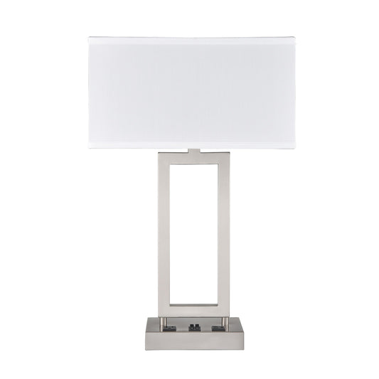 Brushed Nickel Table Lamp – White Fabric Shade with 2 Outlets, 60W Max