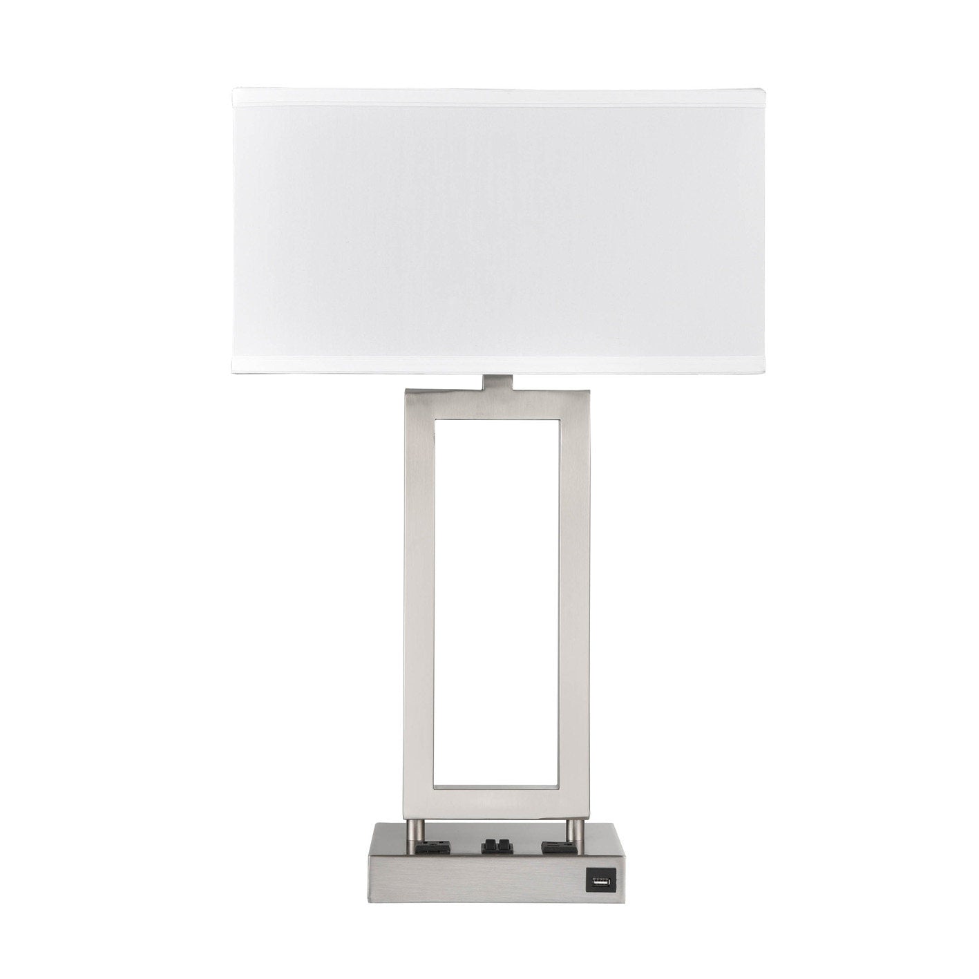 Brushed Nickel Table Lamp – White Fabric Shade with 2 Outlets & 1 USB, 60W Max