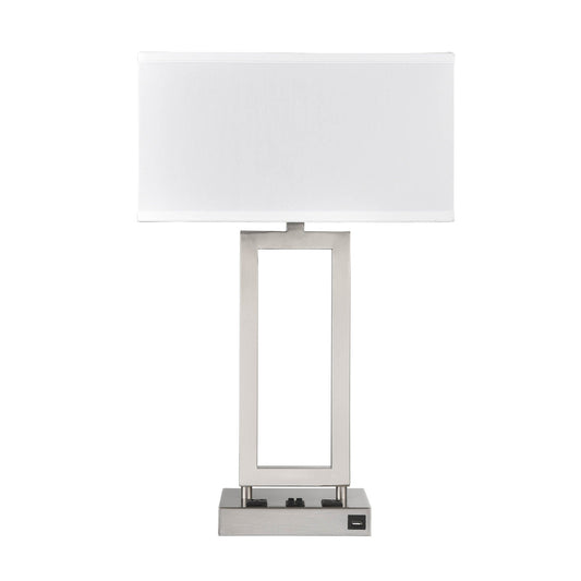 Brushed Nickel Table Lamp – White Fabric Shade with 2 Outlets & 1 USB, 60W Max