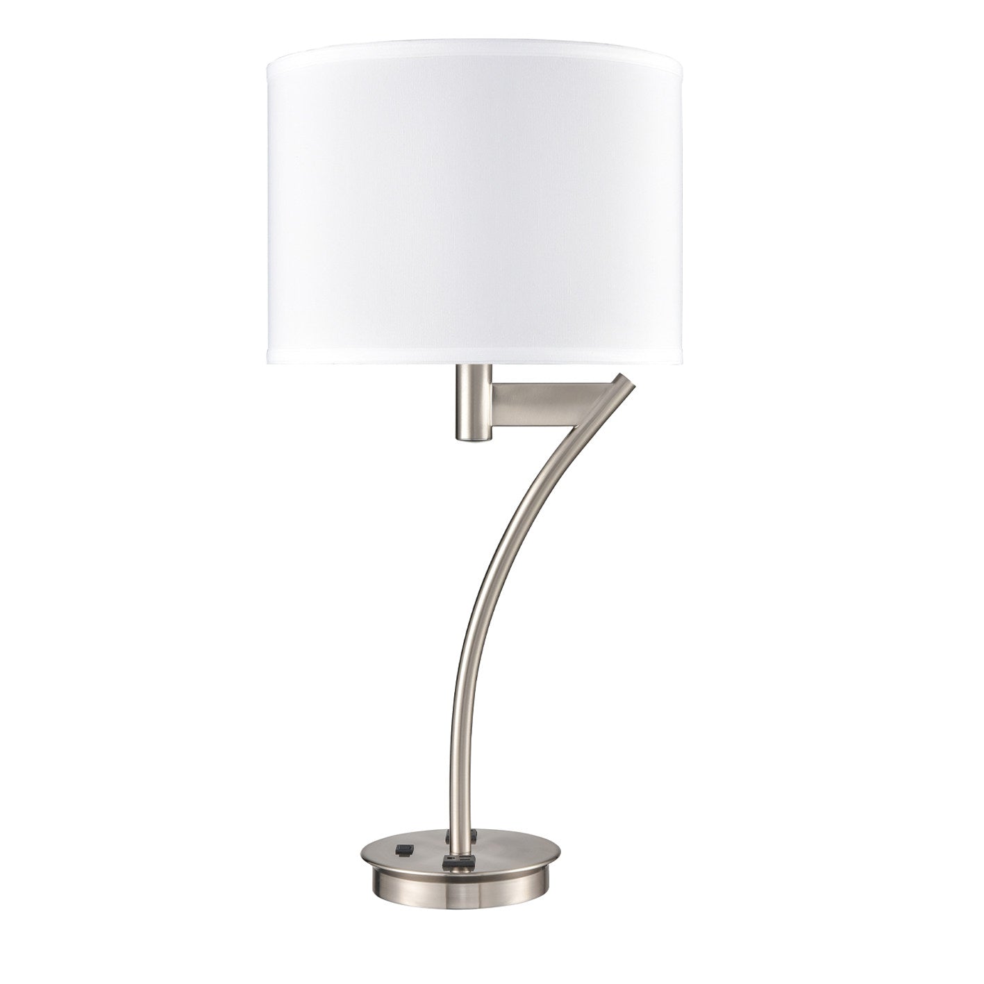 Brushed Nickel Table Lamp – White Fabric Shade with 2 Outlets, 60W Max