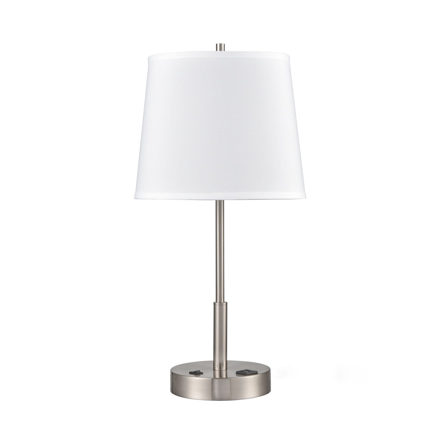 Brushed Nickel Table Lamp – White Fabric Shade with Single Outlet, 100W Max