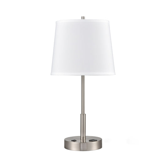 Brushed Nickel Table Lamp – White Fabric Shade with Single Outlet, 100W Max