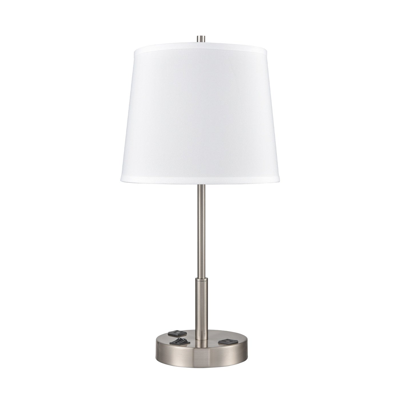 Brushed Nickel Table Lamp – White Fabric Shade with 2 Outlets, 60W Max
