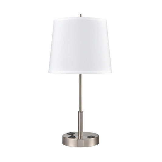 Brushed Nickel Table Lamp – White Fabric Shade with 2 Outlets, 60W Max