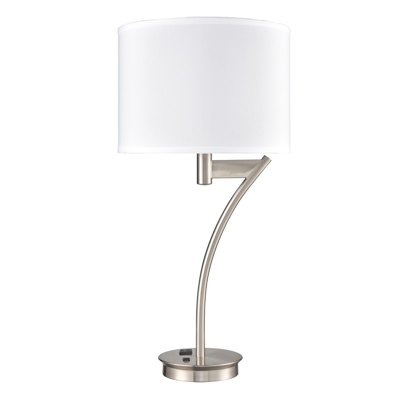 Brushed Nickel Table Lamp with White Fabric Shade – 60W, Single Switch, Outlet Included