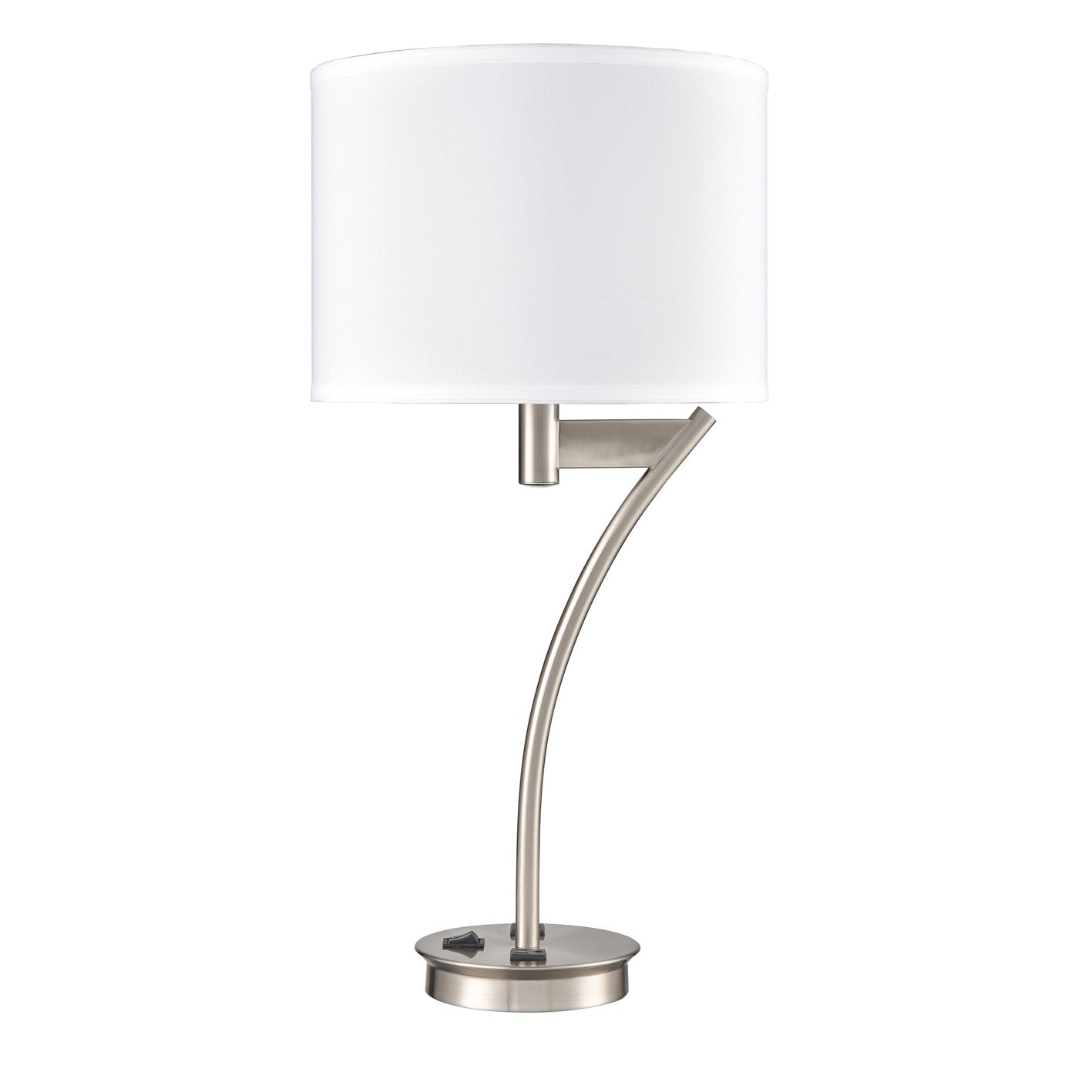 Brushed Nickel Table Lamp – White Fabric Shade, Dual Switch, 60W, Two Outlets